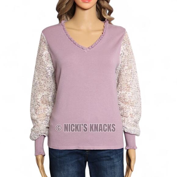Sioni Lace Sleeve Pastel Lilac Sweater Romantic Ruffle V Neck Knit Top Size S - Picture 2 of 10